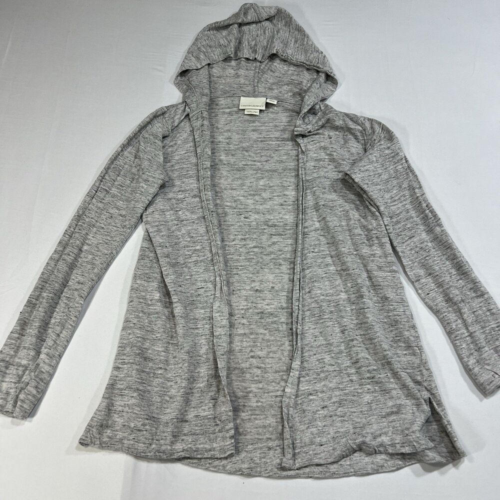 CYNTHIA ROWLEY 100% Linen Heather Gray Hooded Cardigan Open Front Sweater XS